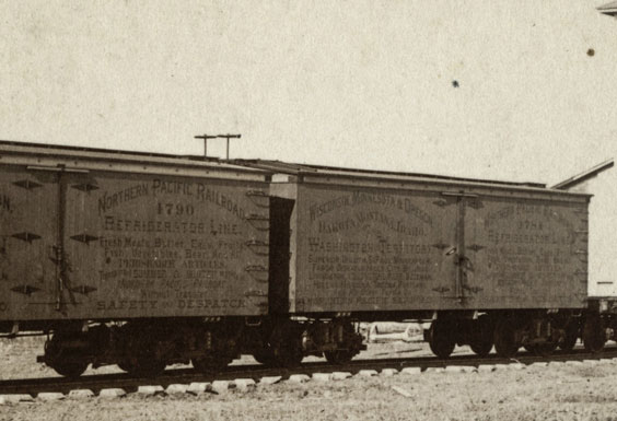 Two train cars are shown that read Northern Pacific Railroad Refrigerator Line 