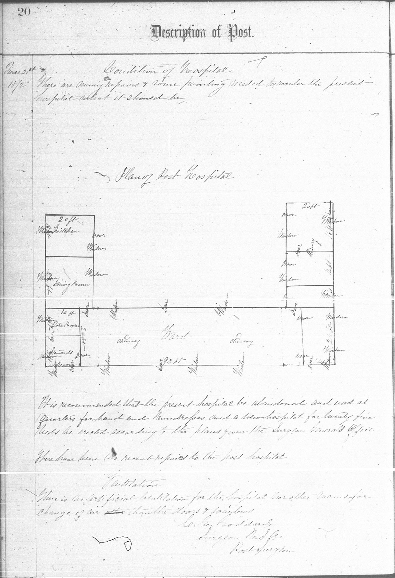 A page from the Fort Rice Medical History, dated June 24, 1872, outlining the plan for a post hospital and the need to replace the current hospital with this proposed building to provide better care of the sick