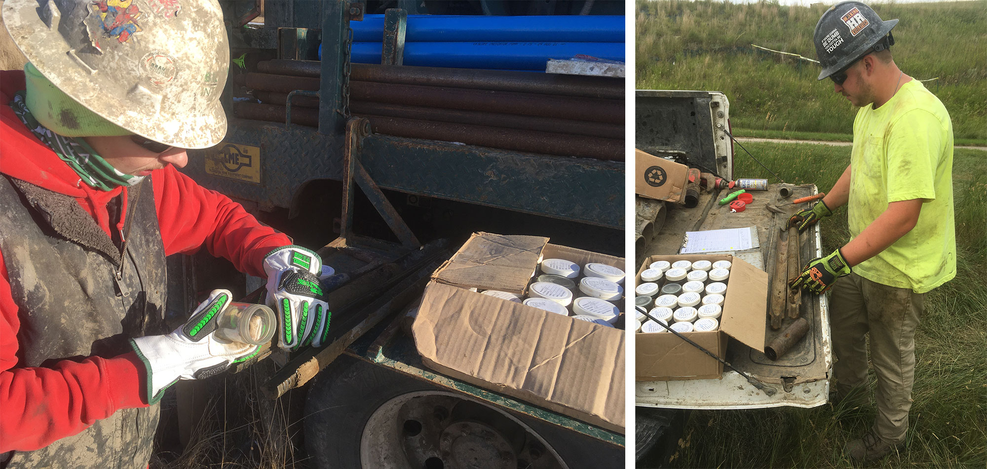 Drilling personnel collect soil samples