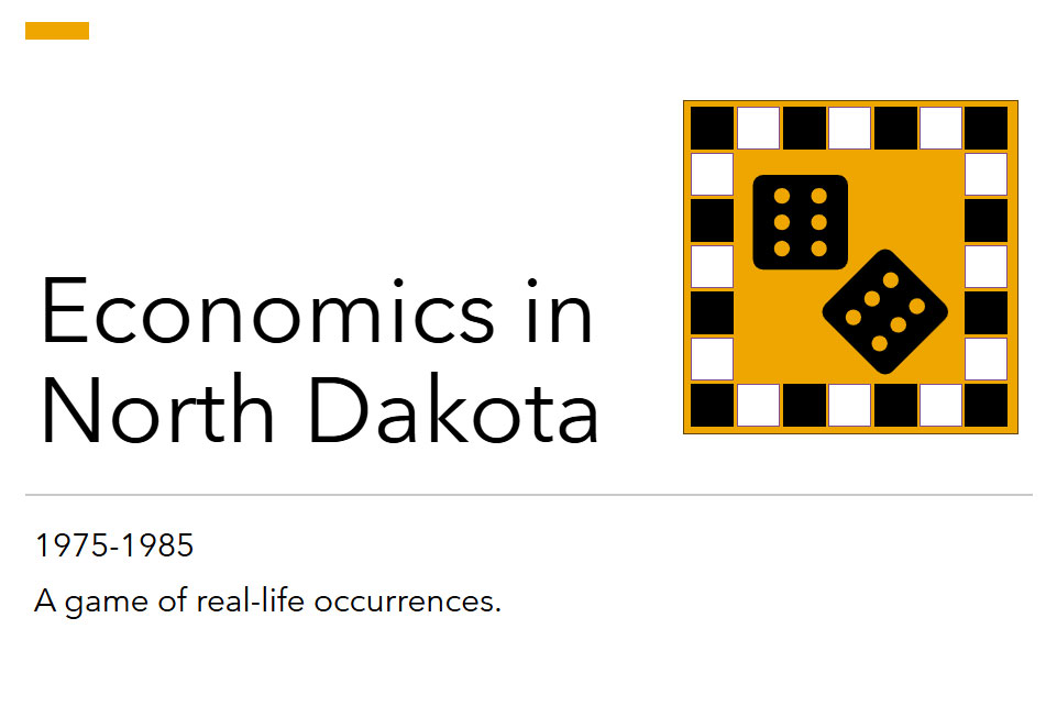A Powerpoint slide that reads Economics in North Dakota. 1975-1985. A game of real-life occurrences. There are also two black dice on a yellow background with white and yellow squares around them.